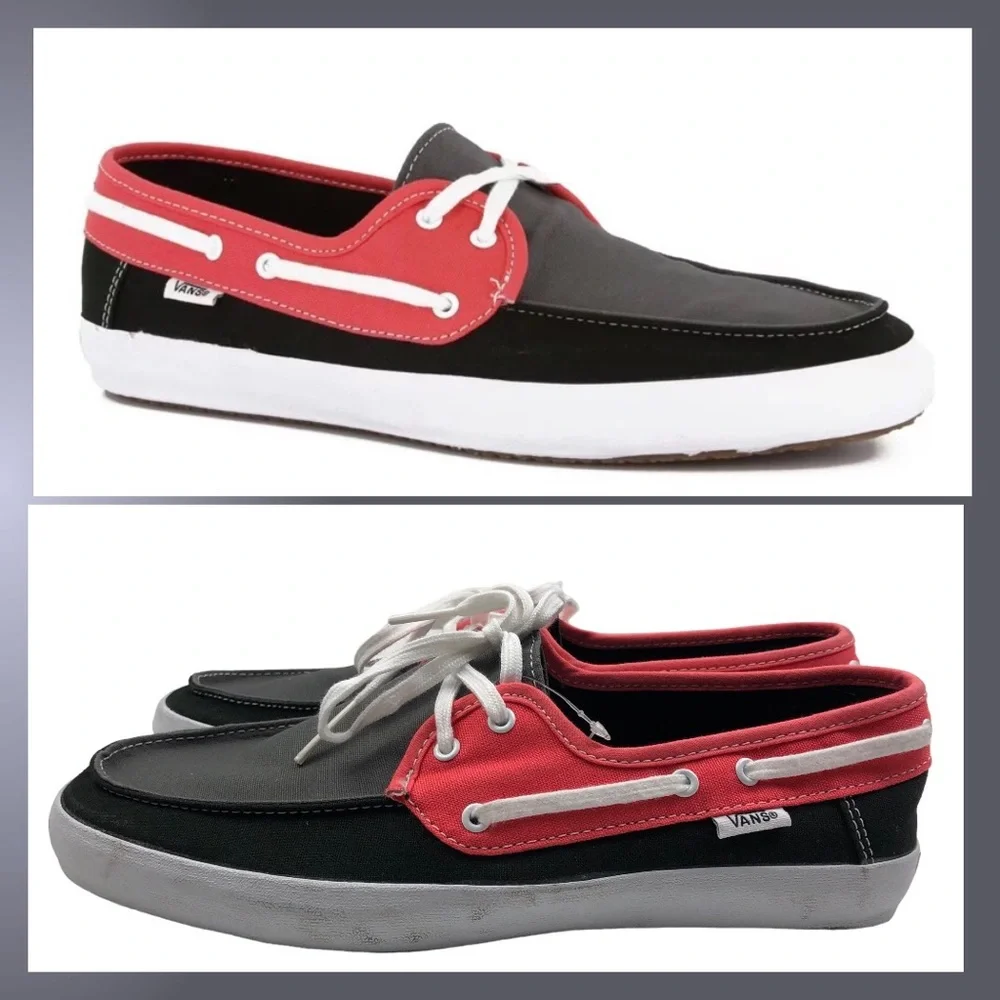 NWOB VANS Chauffeur Men’s Lace Up Canvas Black/Grey/Red Boat Shoes 7.5
